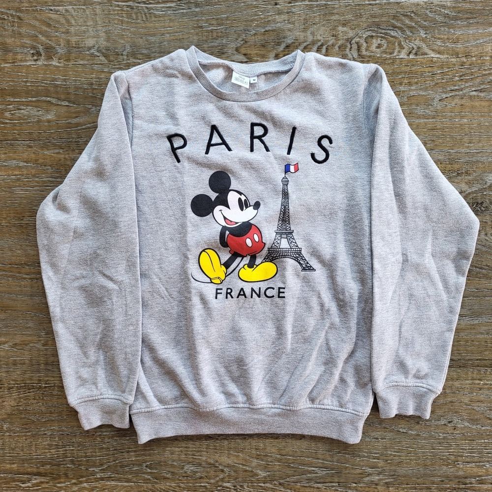 Disney Mickey Mouse Paris France Sweatshirt Gray Eiffel Tower Graphic Mens M